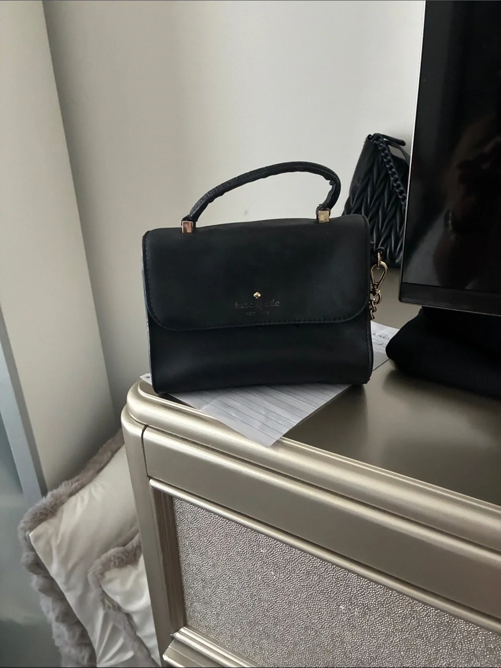 kate spade Black Leather Top-Handle Satchel with Chain Accent